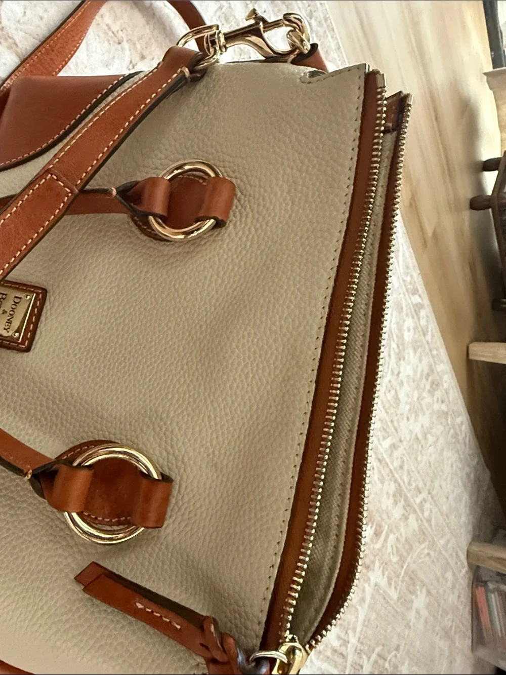 Dooney & Bourke Cream and Brown Pebbled Leather Satchel
